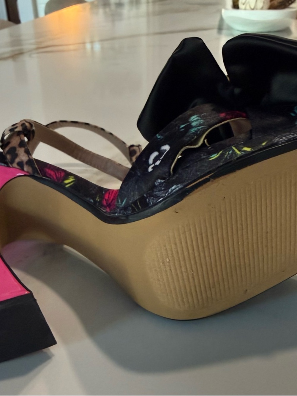 Betsey Johnson Black Beaded Bow Leopard-Ankle Sandals with Hot Pink Heel - Picture 6 of 6